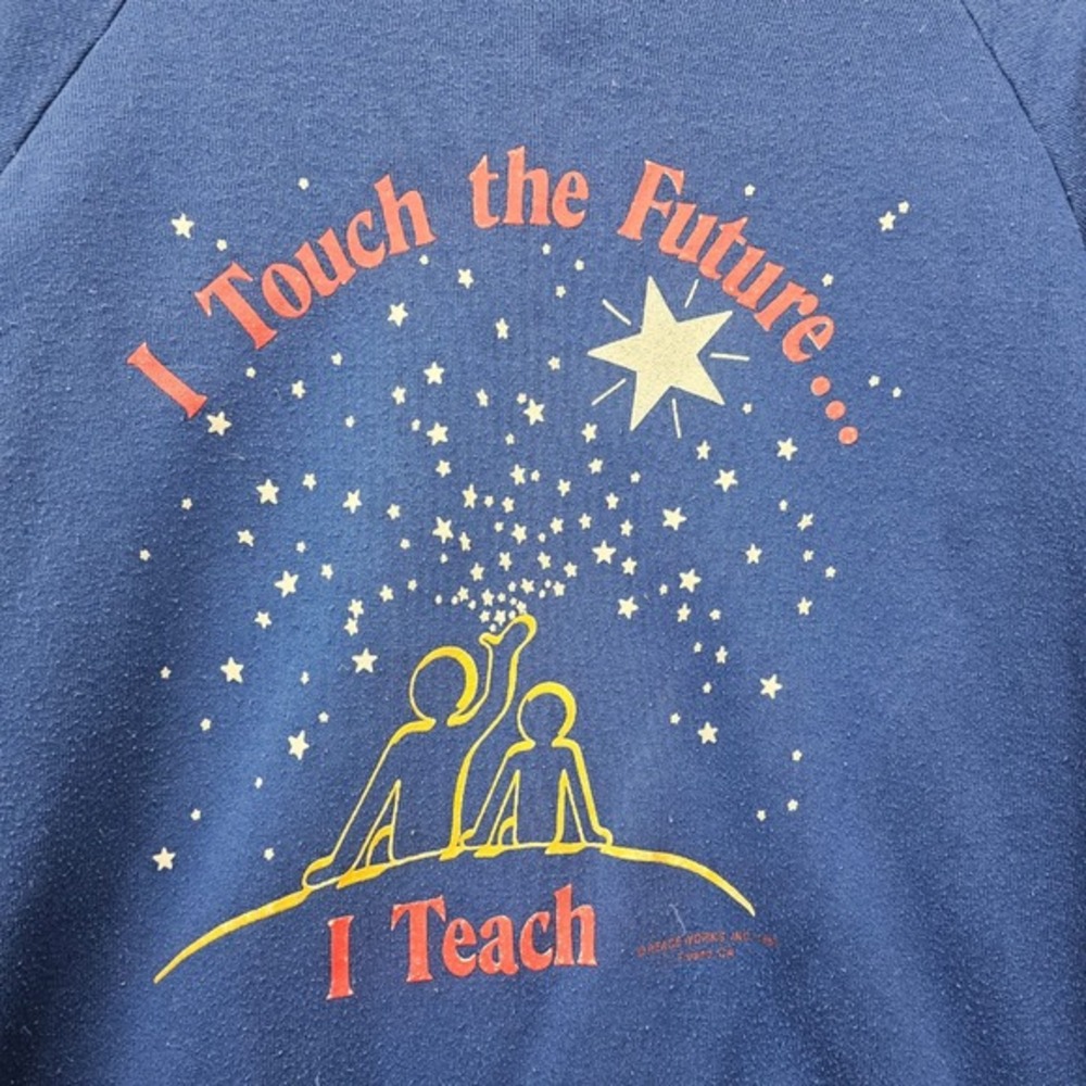 Vintage 80s Raglan Sweatshirt Medium Blue I Touch The Future I Teach JERZEES USA - Picture 2 of 16